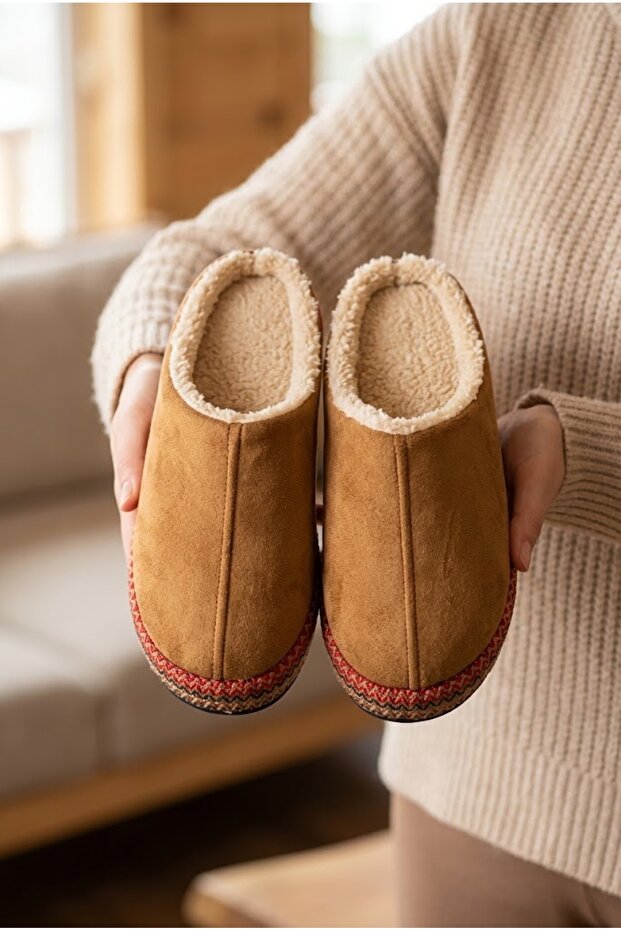 Tan Chenille / Ethnic Pattern Striped Plush Inner Lining Non-Slip Sole House Slippers