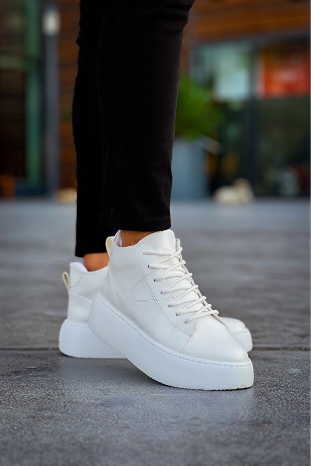 Ale10 Lace-Up Men's High Sole White Sports Boots