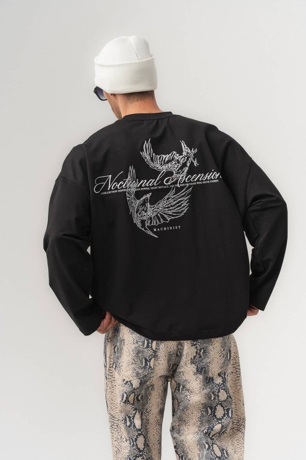Phoenix Embroidery Detailed Crew Neck Oversize Men's Sweatshirt