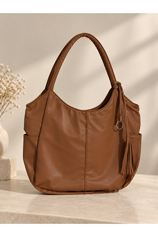 Large Size Women's Shoulder Bag University Student Work Bag Burgundy Brown Lined Interior Pocket Back Zipper Side Water Bottle Pocket Tasseled