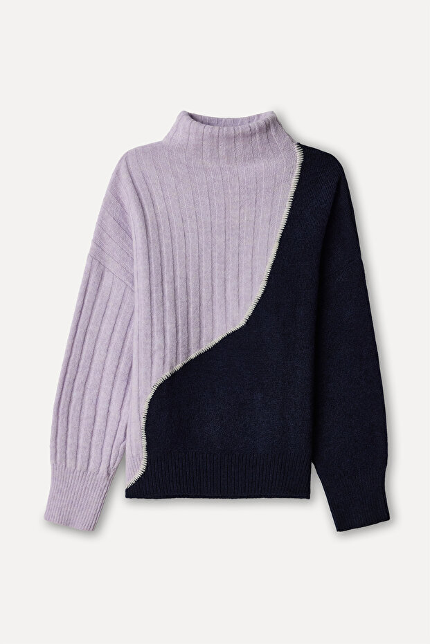 Women's Navy Blue Loose Fit High Neck Color Gradient Sweater