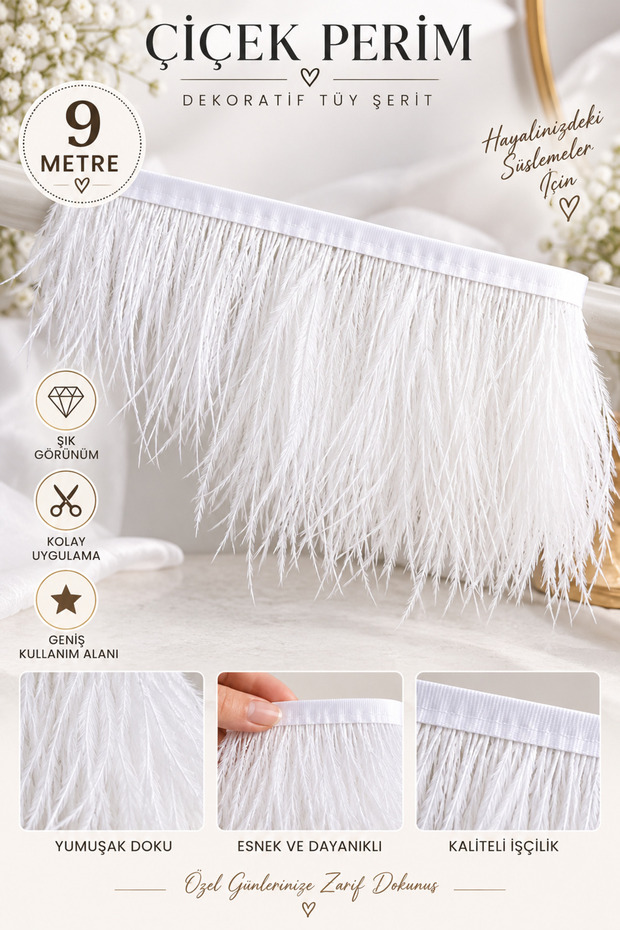 Flower Perim Decorative Feather Ribbon 9 Meters Decoration and Design Accessory