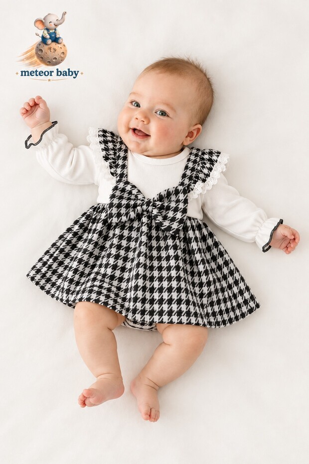 Baby Girl Dress Set Houndstooth Patterned Dress with Bow and Lace Detail