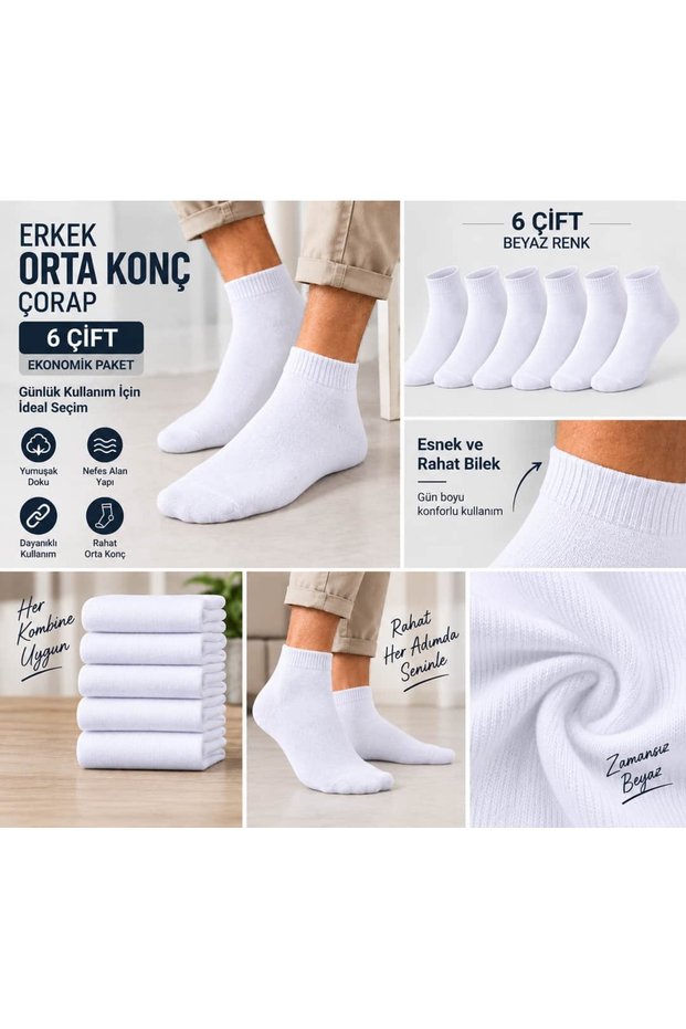 Men's Cotton Plain White Colored Booties Socks 6 Pairs
