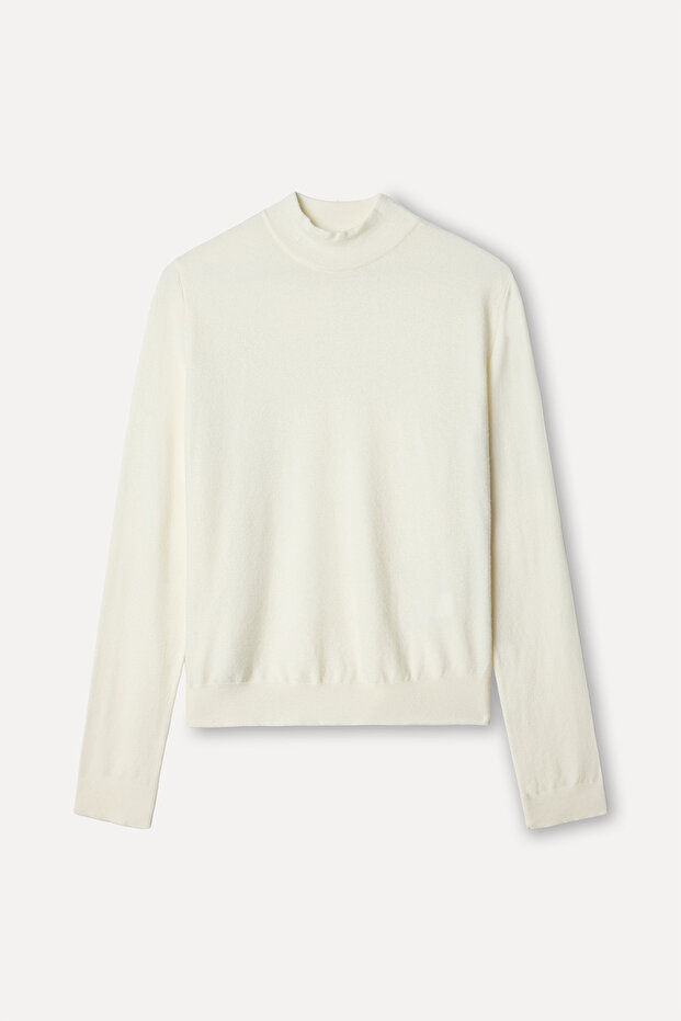 Women's Ecru Fitted High Neck Sweater