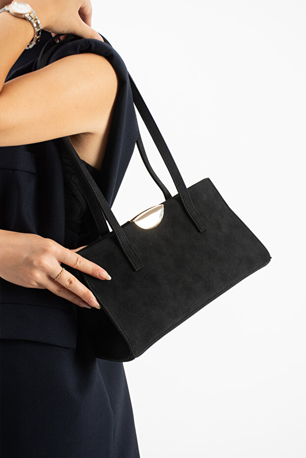 Black Suede Women's Baguette Shoulder Bag with Large Internal Volume and Zippered Compartment, Daily Handbag
