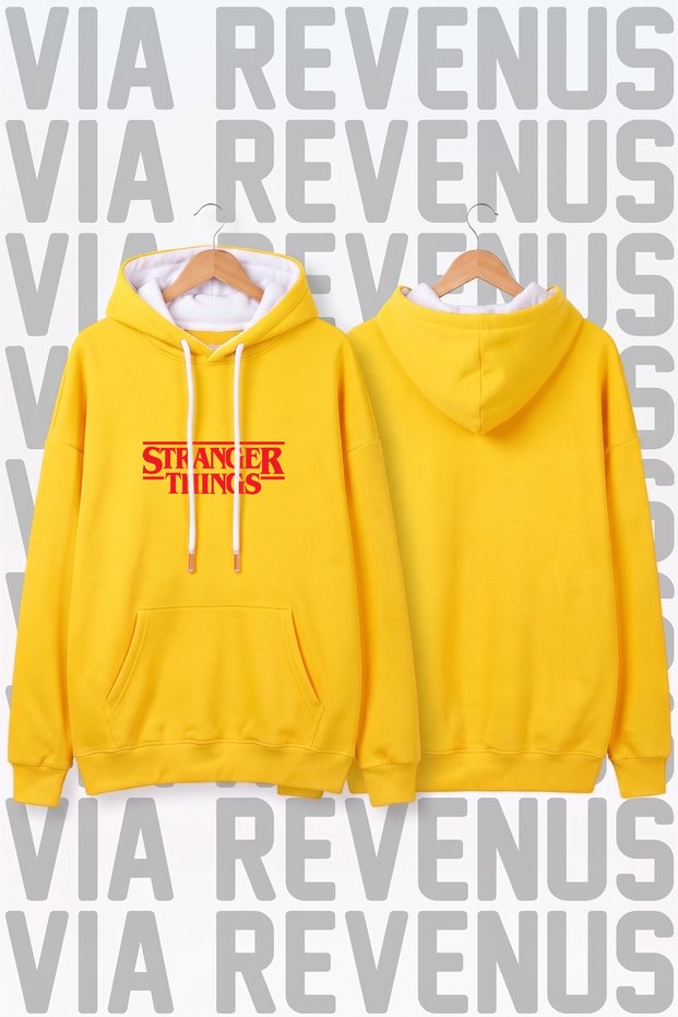 Stranger Things Printed Unisex Wide Fit Hoodie - 3-Thread Fleece Hood Lining with Drawstring Detail