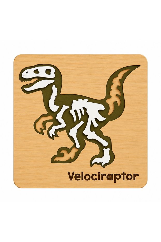 🦖 25X25 cm Wooden Velociraptor Puzzle | Children's Room Wall Decoration with Dinosaur Figures