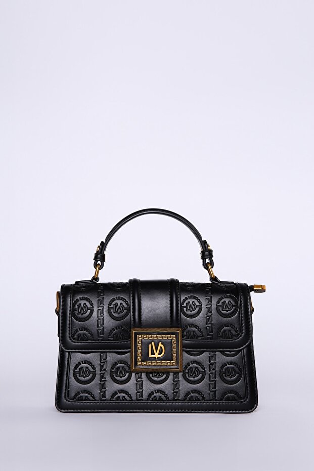 Black Monogram Patterned Leather Hand and Shoulder Bag