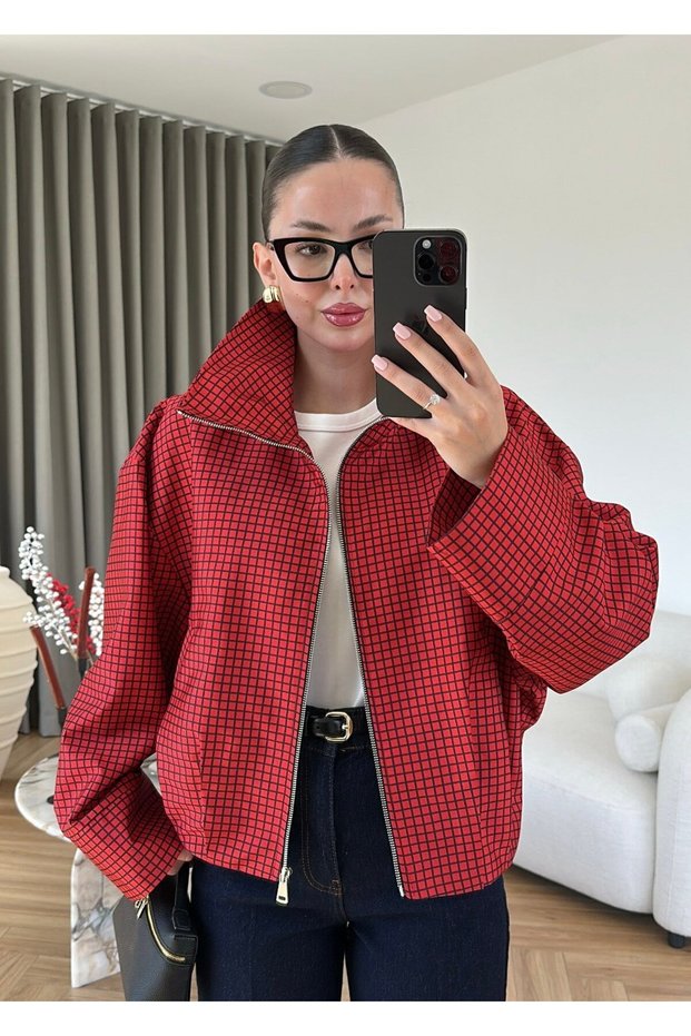 Red Plaid Bomber Jacket - 7040