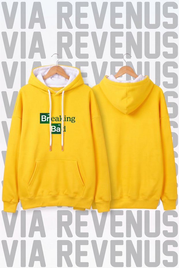 Breaking Bad Printed Yellow Wide Fit Hoodie - 3 Thread Fleece Hood Lining with Rope Detail