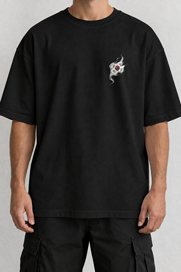 Korean Flag Minimal Front Printed T-Shirt Black Oversize