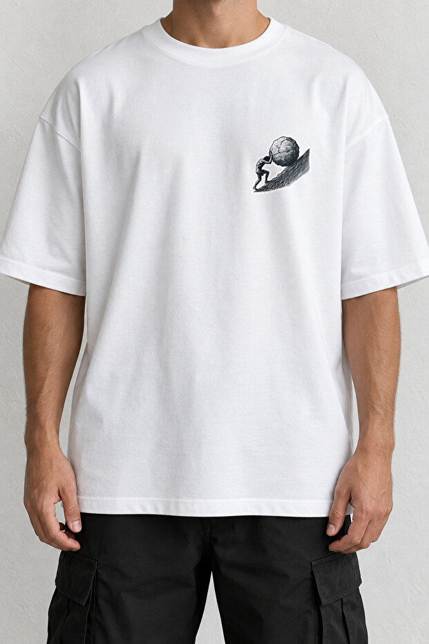 Sisyphus Fight Minimal Front Printed T-Shirt White Oversize