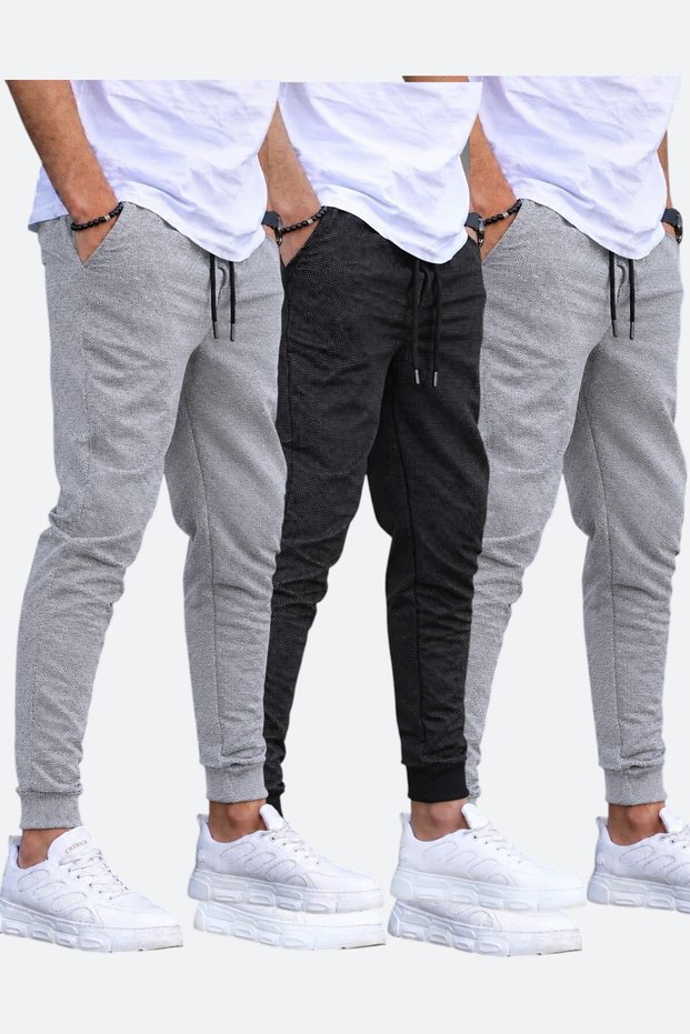 Set of 3 Unisex Rain Pattern Regular Fit Ribbed Leg Black, Gray, Navy Blue, Colored Sweatpants, Sports Sweatpants