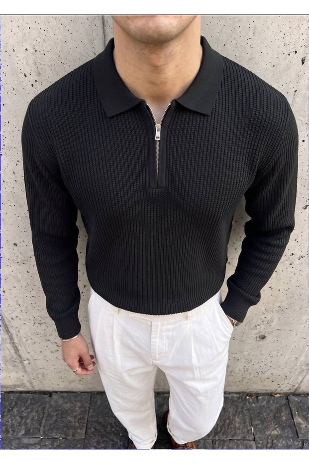 Men's Knitwear Half Zipper Knitted Patterned Sweater Polo Collar