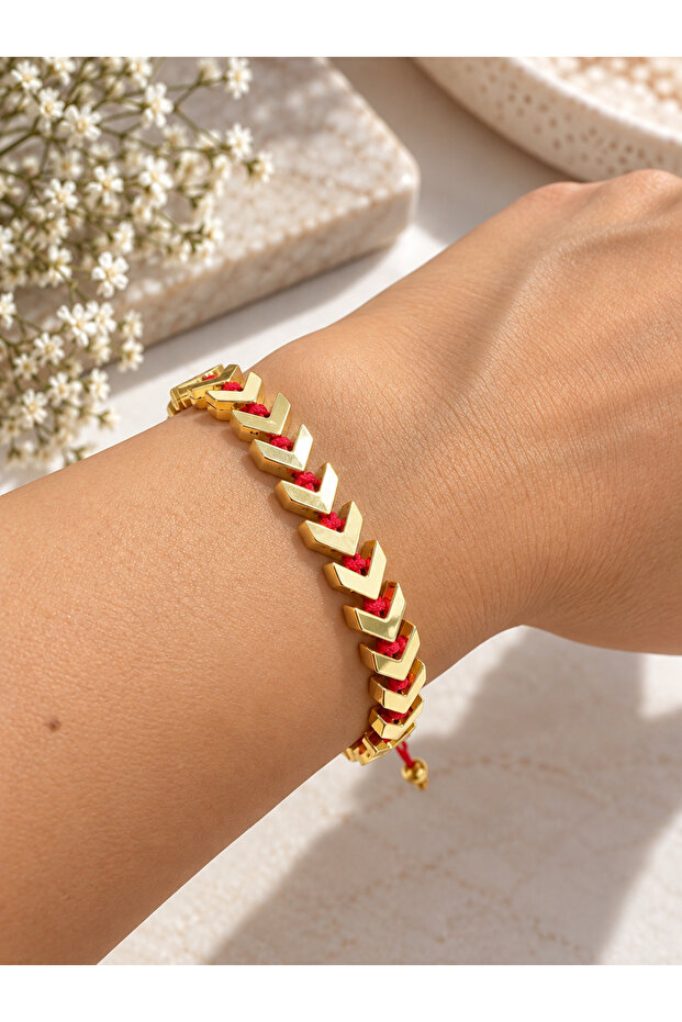 Women's Gold Plated Red String V-Shaped Lucky Bracelet