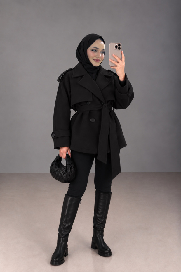 V-Neck Belted Jacket/Coat Black