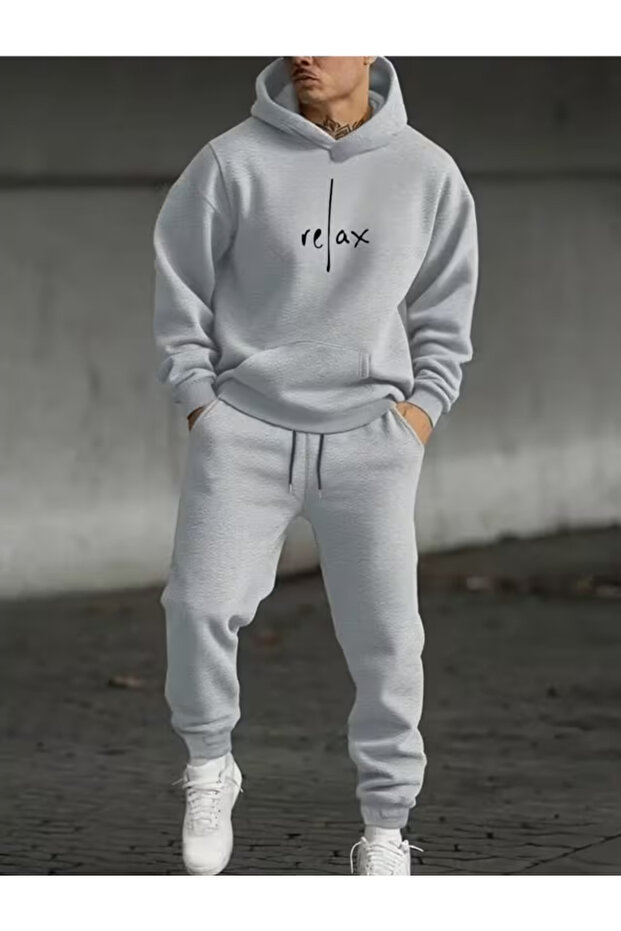Men's Hooded Tracksuit Set Relax Printed Elastic Cuffs with Kangaroo Pockets