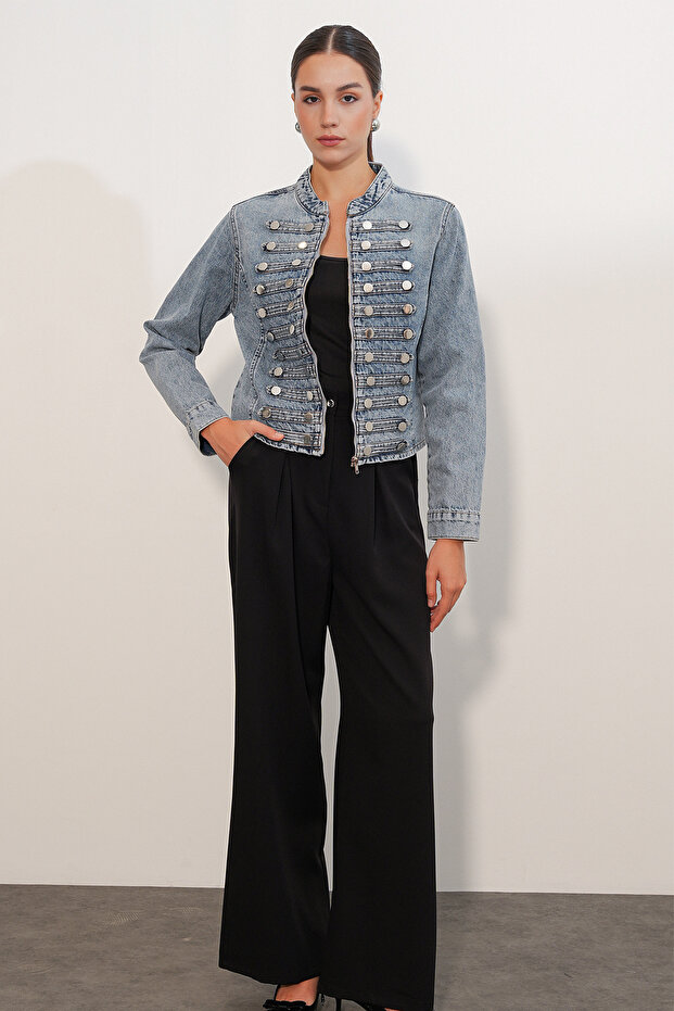 Women's Slim Fit Buttoned Denim Jacket 0764 - Blue