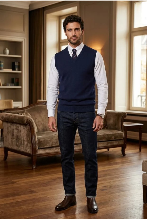 Men's V-Neck Knitwear Sweater - Premium Cotton Relaxed Fit Ideal for Layering Sleeveless Sweater Pullover