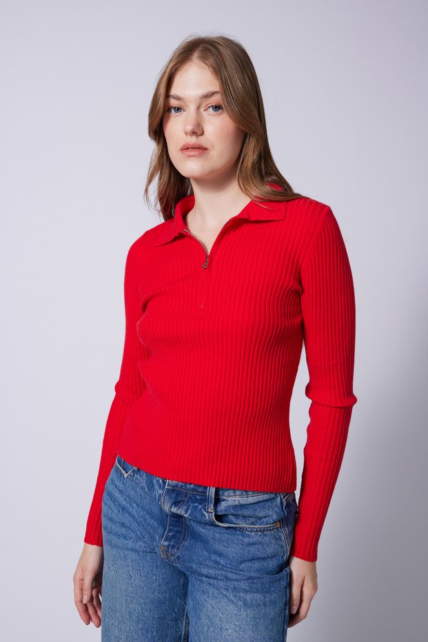 Polo Collar Zippered Terry Knit Sweater Red