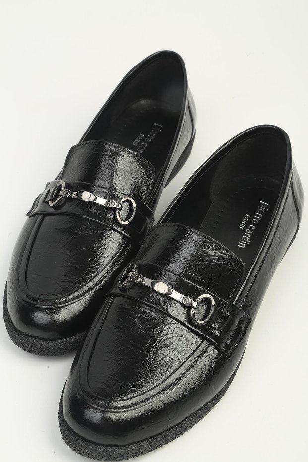 Women's Black Shiny Buckle Detailed Loafer Shoes Pc-56187