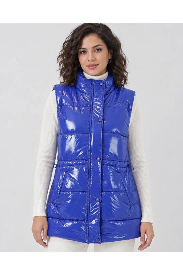 Women's Saks Blue Shiny Lined Inflatable Vest Hzl25W-Bd152181