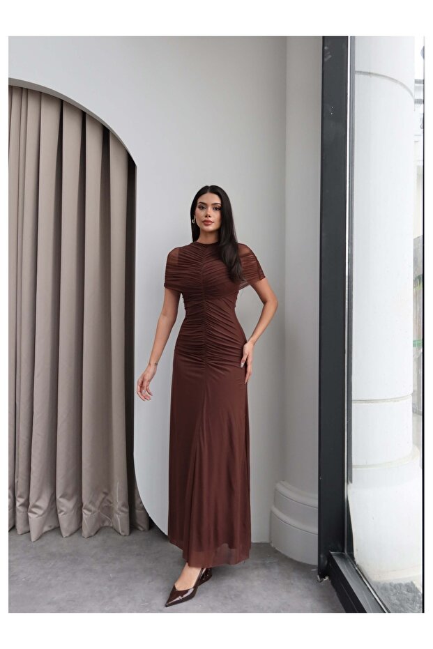 Tulle Dress with Ruched Neck and Waist