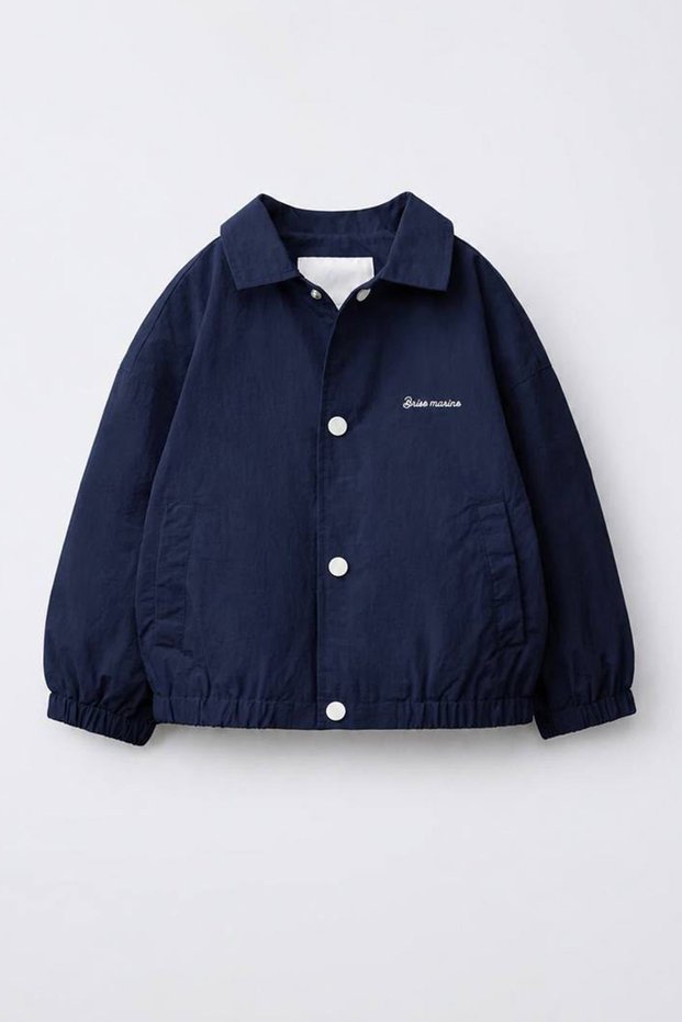 Unisex Children's Raincoat Jacket with Embroidery Detail and Snap Fasteners - Navy Blue