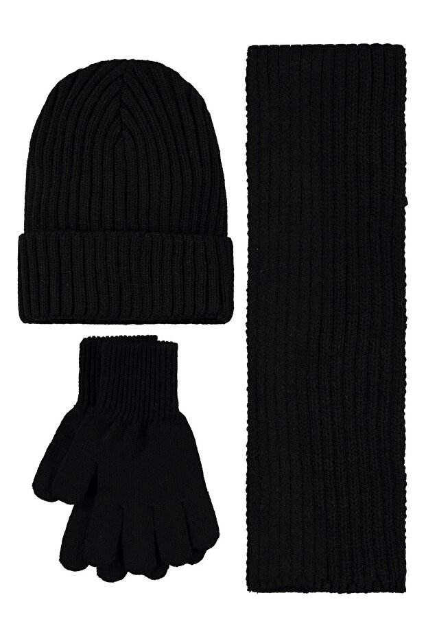 10-13 Years Old Scarf, Beanie and Glove Set - Black