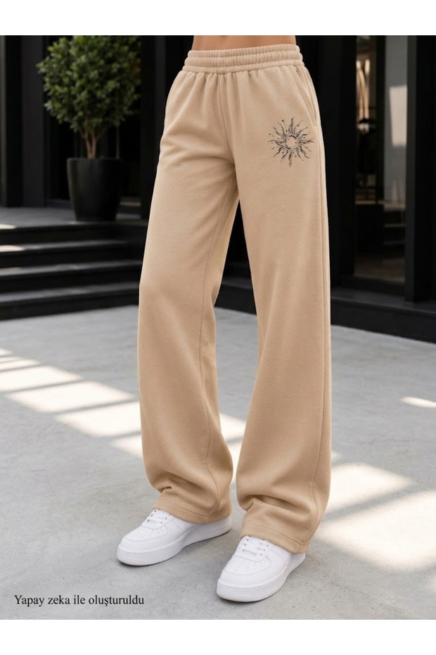 Women's Black Sun Figure Printed Sweatpants - Loose Fit Comfortable Cut Two-Thread Sports Trousers