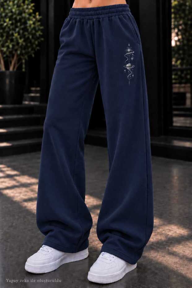 Women's Blue Planet and Star Printed Sweatpants - Loose Fit Comfortable Cut Two-Thread Sports Trousers