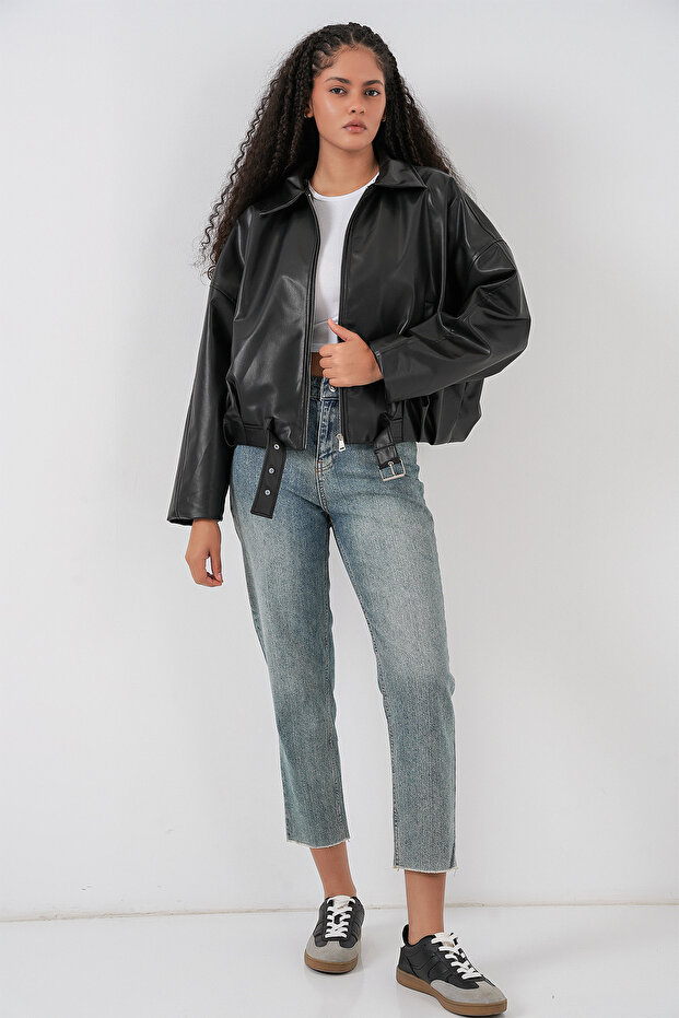 Women's Belt Detailed Leather Jacket 1056 - Black