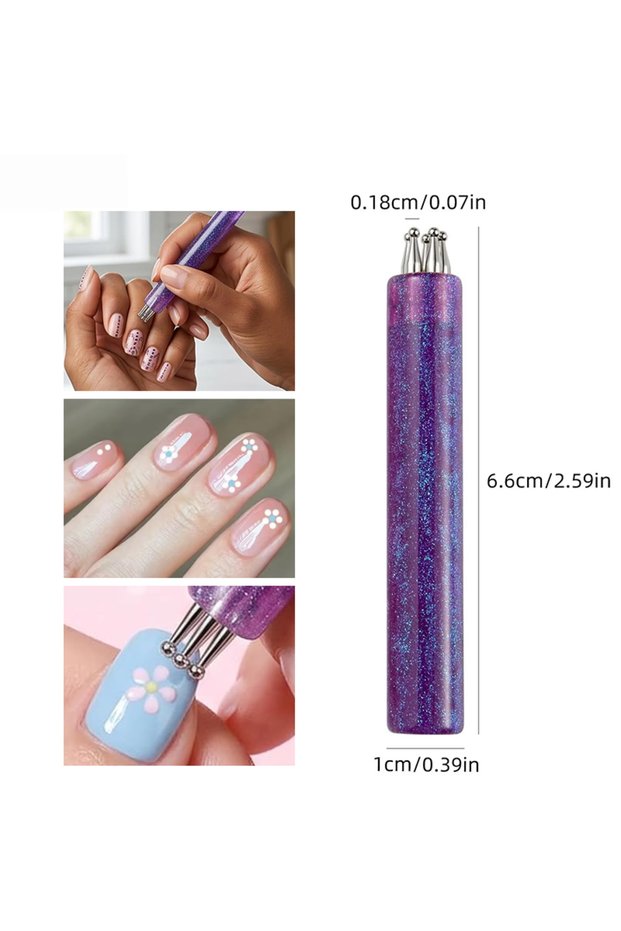 PURPLE DIY Nail Art 5-Petal Dotting Tool Flower Creator 1.8mm Fine Tip Rhinestone Pickers Glitter Ha