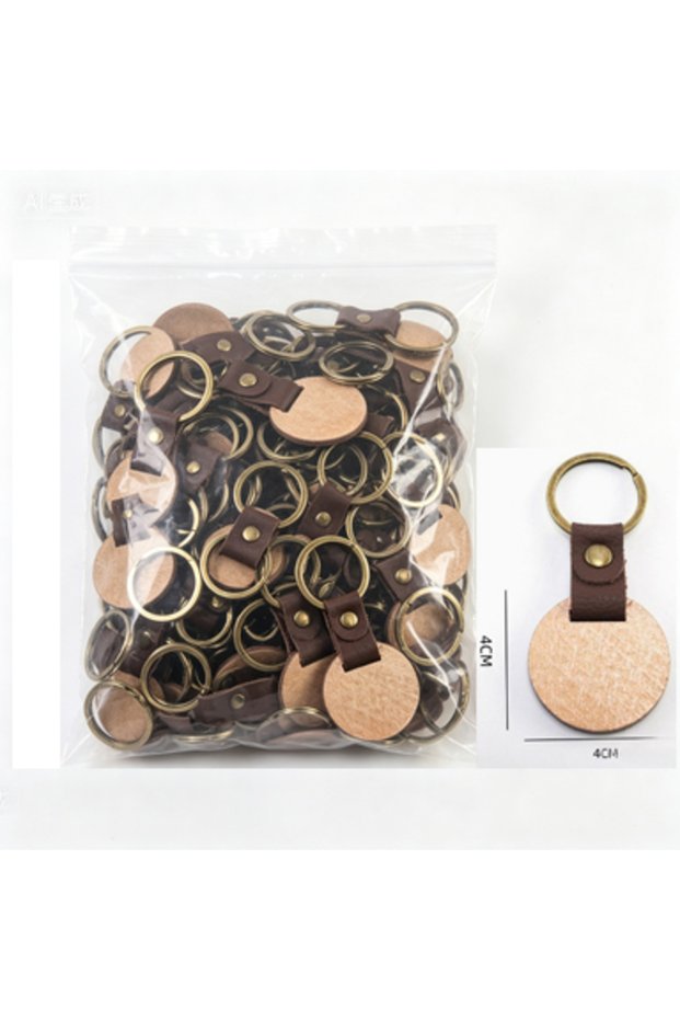 10pcs Round-02 100pcs Blanks Wood PU Leather Key Chains Wooden Keychains Laser Engraved Keyrings for