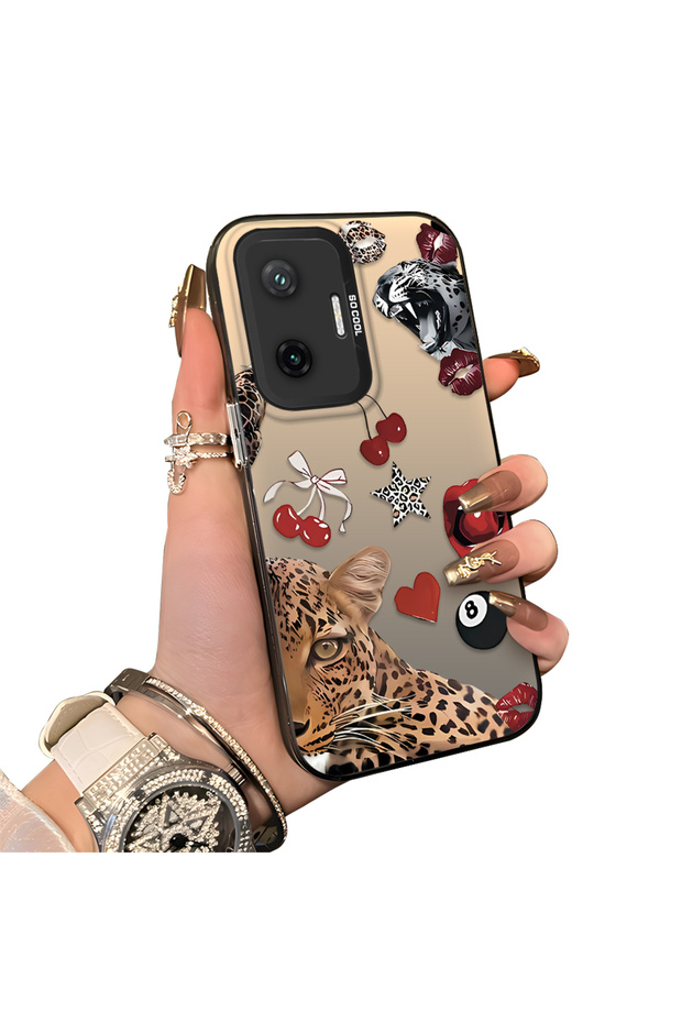 Poco F7 Compatible Leopard Pattern Cheetah Red Lip Cherry Mix Phone Case