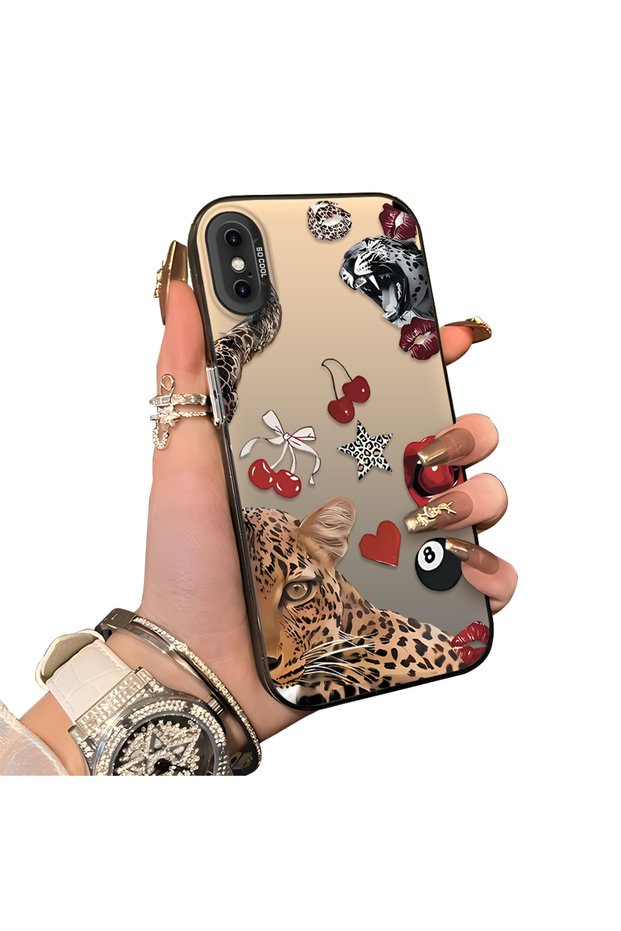 iPhone XS Max Compatible Leopard Pattern Cheetah Red Lip Cherry Mix Phone Case