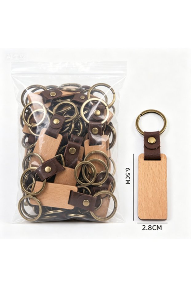 100pcs Rectangle-02 100pcs Blanks Wood PU Leather Key Chains Wooden Keychains Laser Engraved Keyring