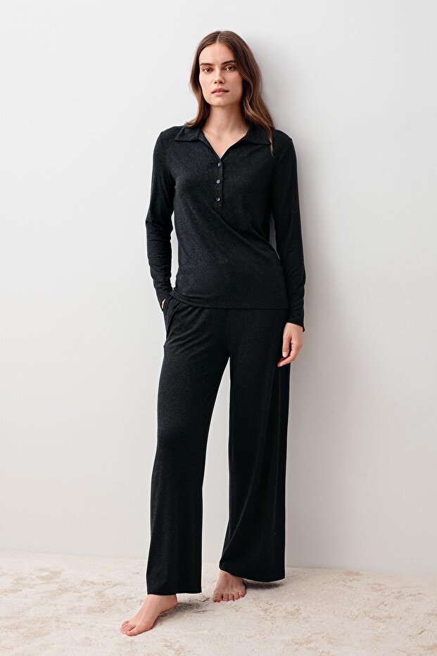 Long Sleeve Buttoned Soft Textured Flexible Viscose Pajama Set