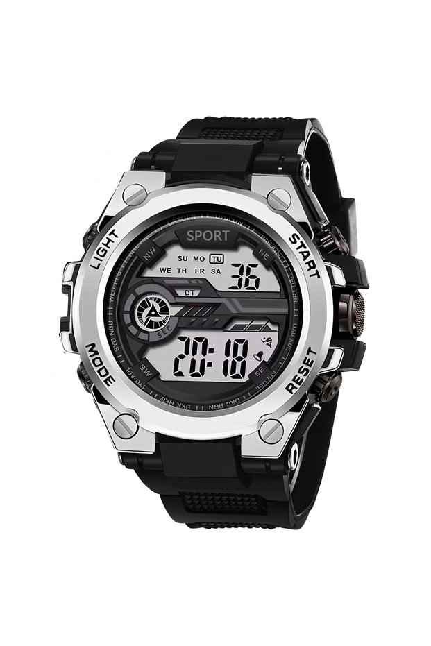 Silver Men's Multifunction Sports Watch with Night Light Alarm, LED Digital Electronic Watch, Large