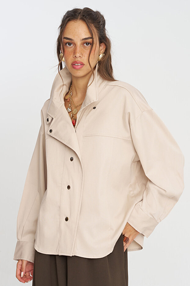 Women Shirt Collar Snap Button Relaxed Fit Solid Color Jacket