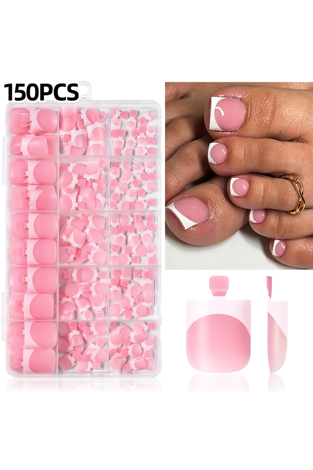 5 150Pcs Half Transparent Mate French Fake Toenails Short Square White Edges Press On Toe Nails Summ