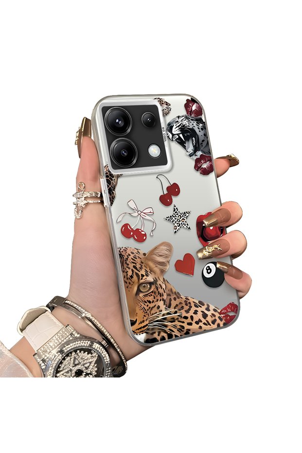 Poco X6 Compatible Leopard Pattern Cheetah Red Lip Cherry Mix Phone Case