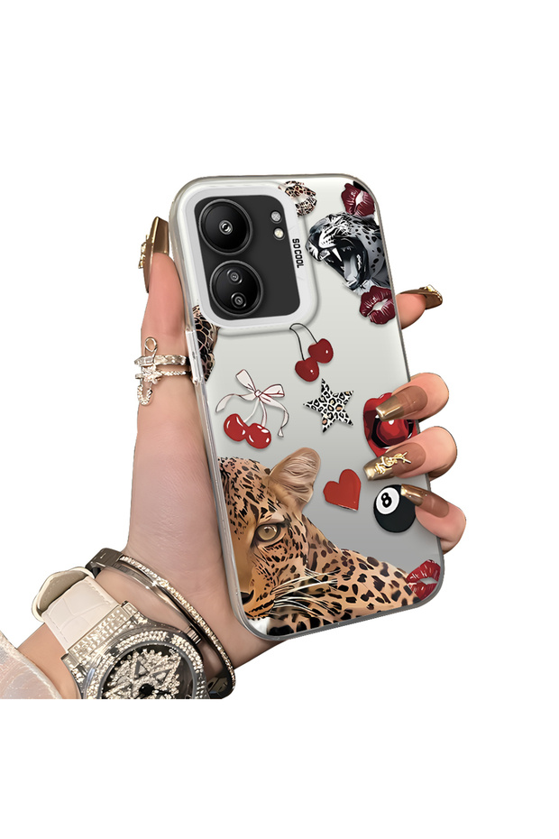Redmi 13C 4G/5G Compatible Leopard Pattern Cheetah Red Lip Cherry Mix Phone Case