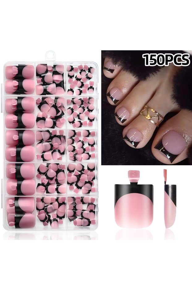 12 150Pcs Half Transparent Mate French Fake Toenails Short Square White Edges Press On Toe Nails Sum