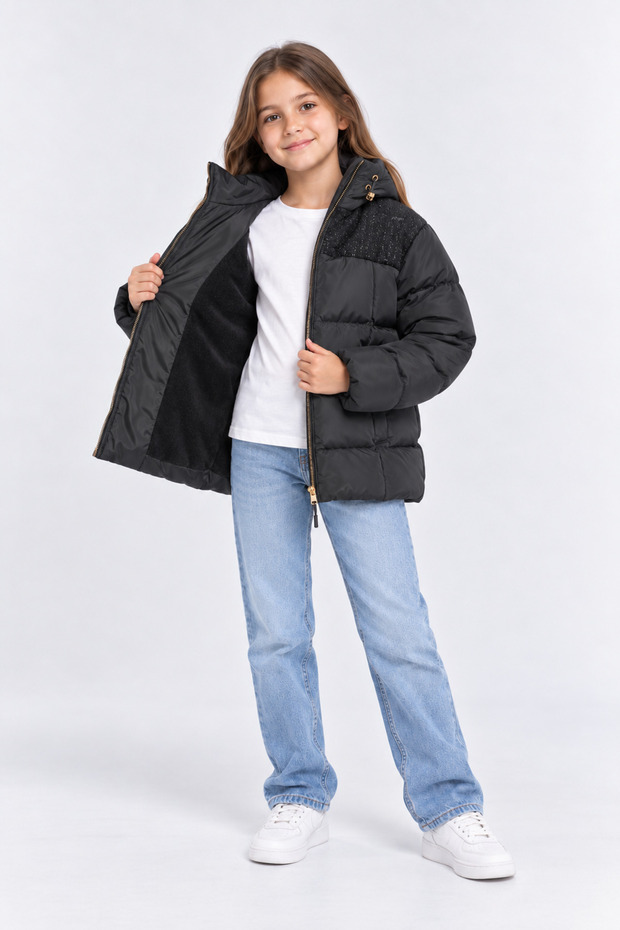 Girl's Hooded Inflatable Coat with Soft Inner Lining and Shoulder Detail Winter Coat Ak4252