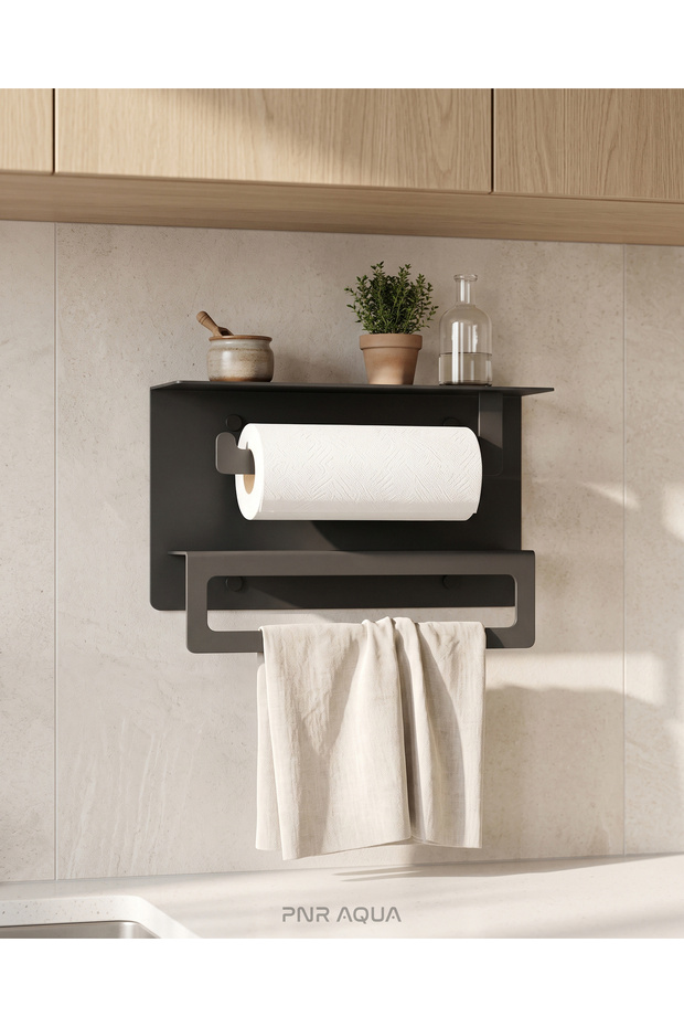 Towel and Paper Towel Rack with Decorative Shelf - Towel Holder - Roll Paper Towel Rack Attachable (Anthracite)