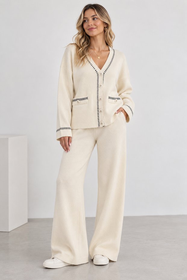 Women's Knitted Knitwear Set V-Neck Buttoned Cardigan Wide-Leg Pants 2-Piece Set