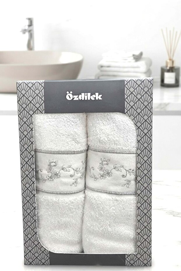 -Daniela Beyaz- 2-Piece Towel with Gift Box Embroidered 2Nd Model (50X90)-Silver Glitter