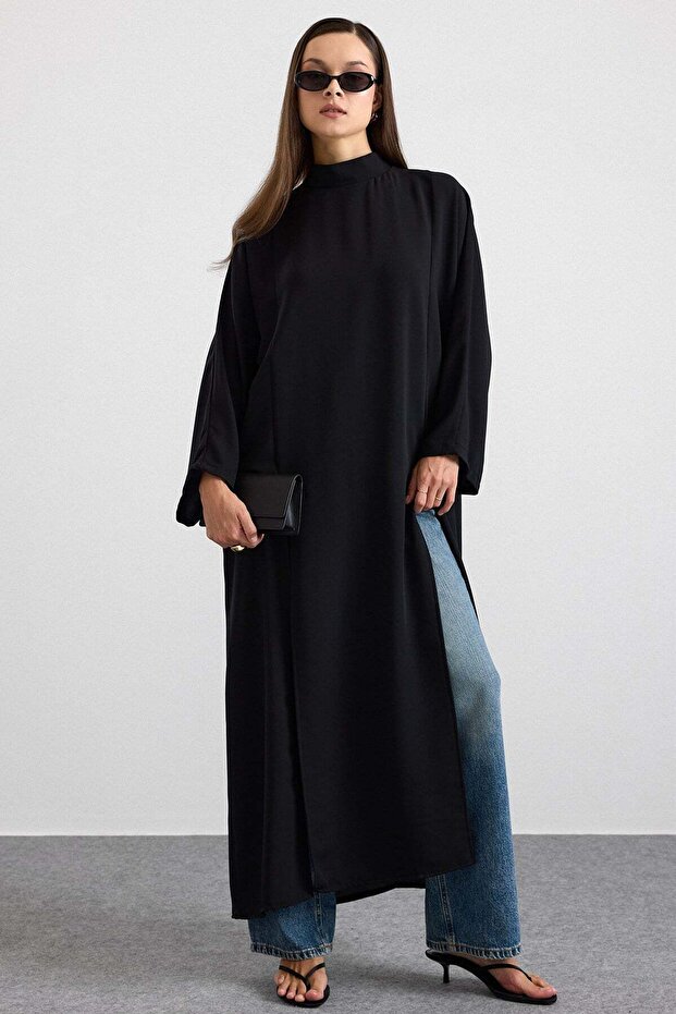 Batwing Sleeve Double Slit Casual Dress Black 9479-E